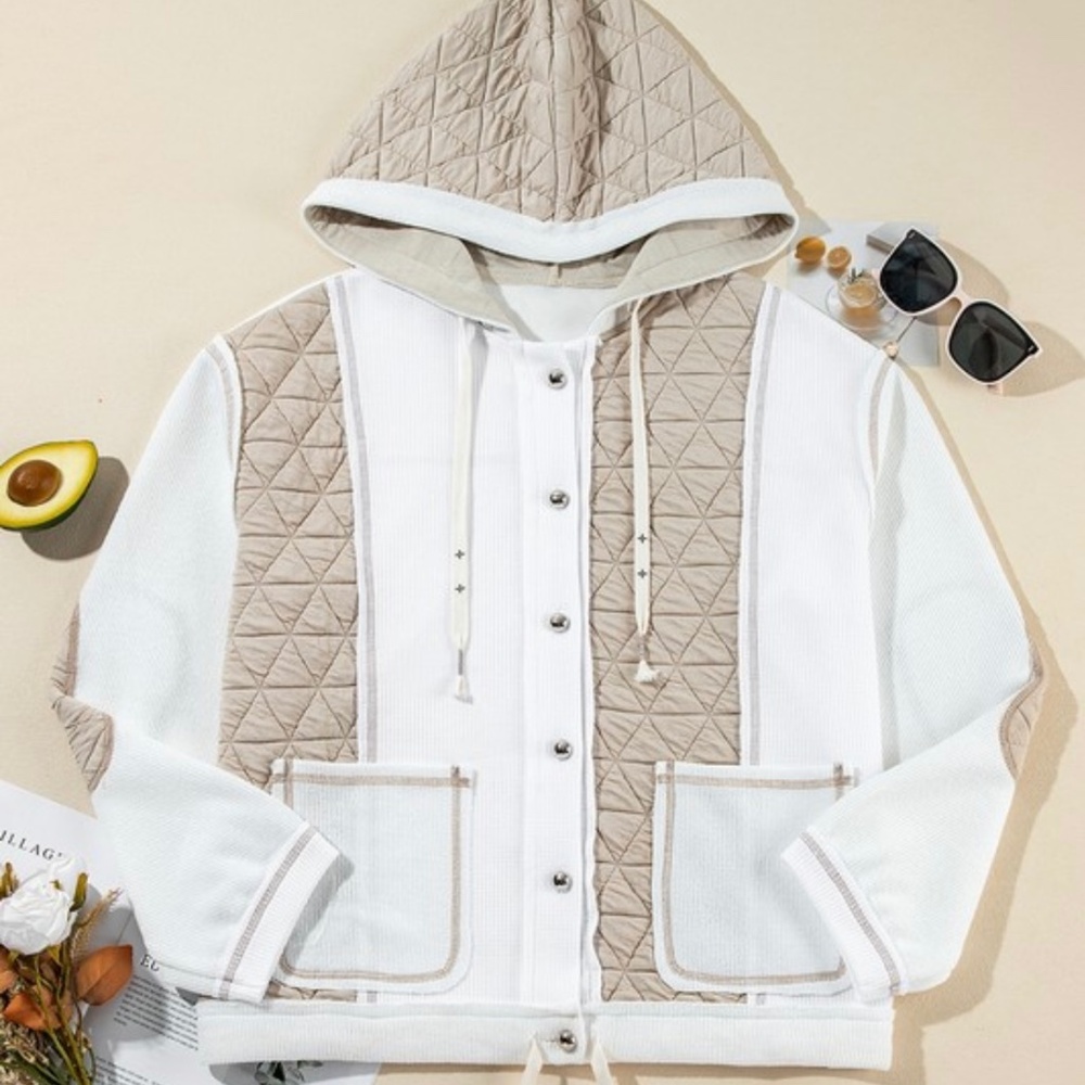 Cream White Hoodie Quilted Patchwork  Jacket